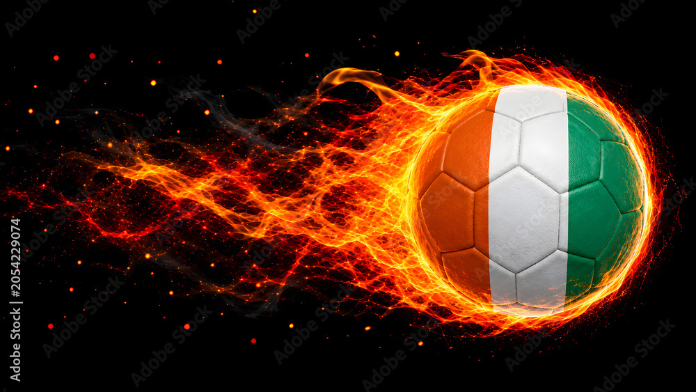 Fototapeta premium A high-energy image of a soccer ball textured with the Ivory Coast national flag, trailing intense orange and yellow flames against a black background.