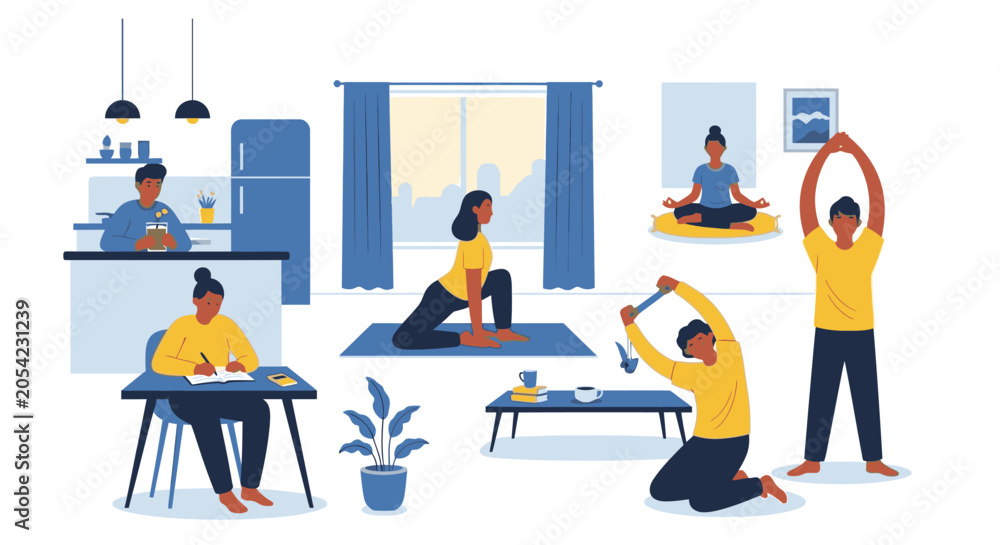 Fototapeta premium People are exercising and working in a modern home office space with yoga and stretching.