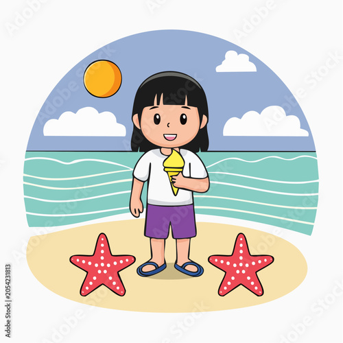 Child Eating Ice Cream on a Beach with Starfish