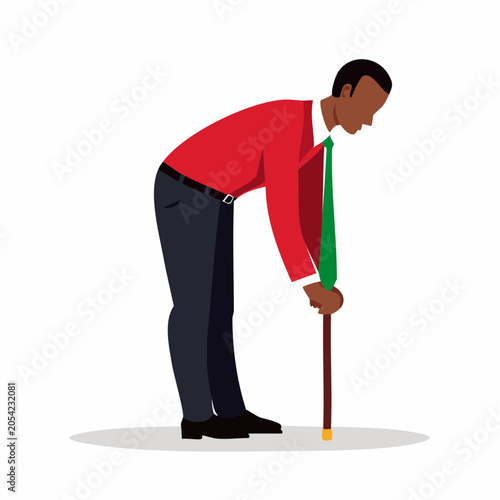 Man in Suit Bending Over with Cane