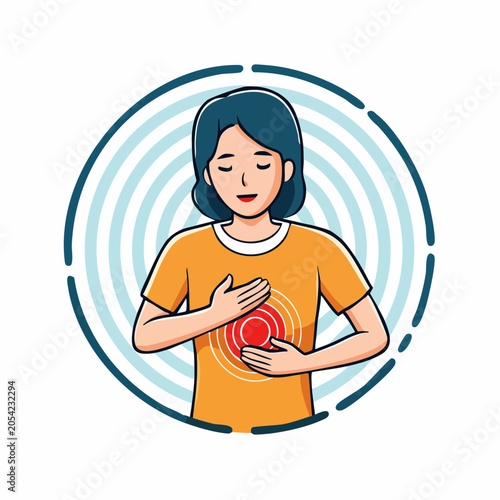 Woman holding chest with pain symbol