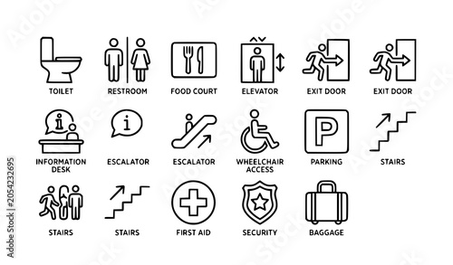 Public navigation editable stroke icon set with toilet food court elevator and exit vector collection