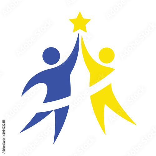 Two people reaching for a star symbol teamwork