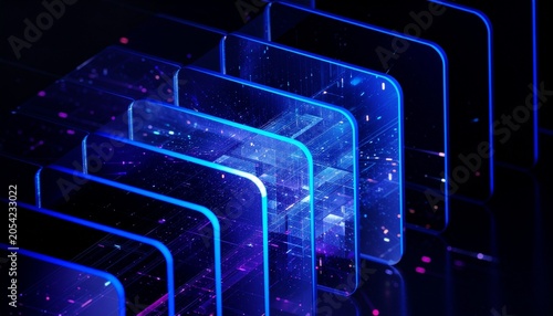Abstract digital data stream represented by glowing blue glass panels arranged in a perspective row with abstract
