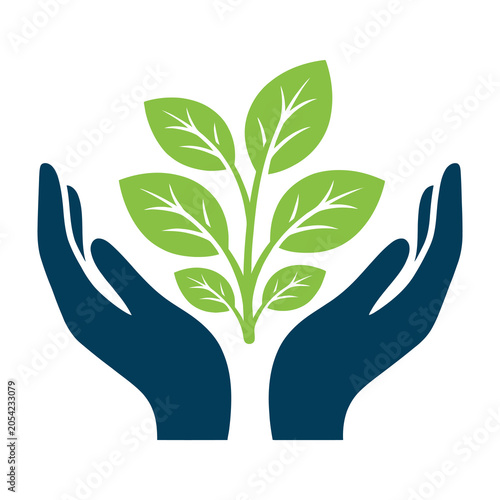 Hands holding green plant leaves symbolizing growth and care