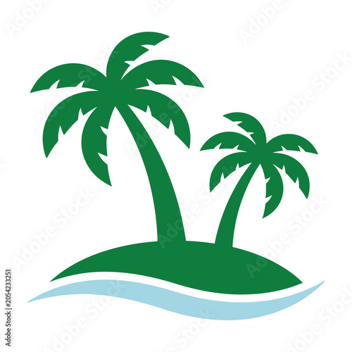 Tropical island with two green palm trees on small hill surrounded by water