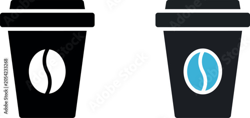 Two coffee cups with coffee beans on white background