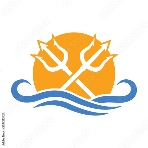 Trident symbol over ocean waves and sunset