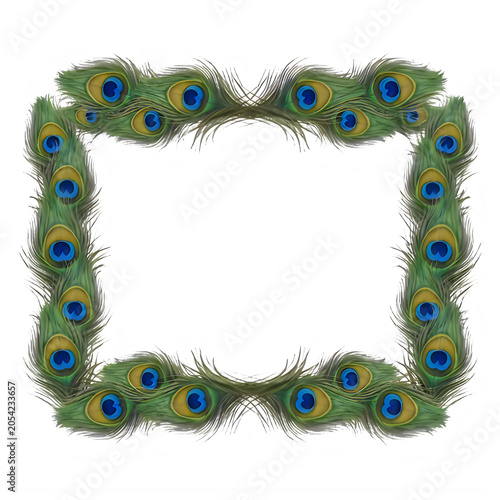 Square border frame made of peacock feathers with ornament decoration isolated luxurious colorful invitation graphics creative