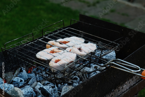 Grilling steaks of salmon fish outdoors. Summer weekend activity, barbecue, cookout, picnic