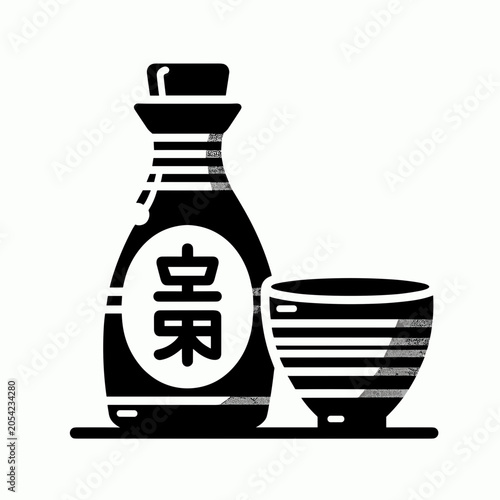 Soy sauce bottle and bowl, minimalist style, black and white design, food presentation
