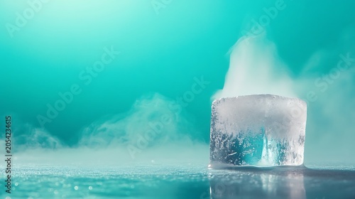 Close-up of a single ice cube with vapor rising against a teal background