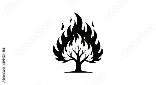 Fotografie Black silhouette of a tree engulfed in flames on white background symbolizing de