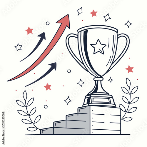 Fotografi Illustration of a trophy cup on a pedestal with upward arrows and stars, pedesta