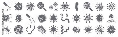 Fotografía Collection of 30 solid Microorganism icons with bacteria, petri dish, e coli, virus, bacteria