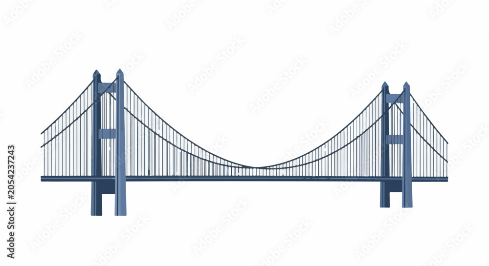 Fototapeta premium A stylized blue suspension bridge with prominent towers and cables against a white background