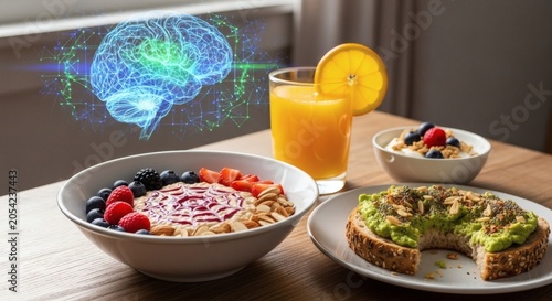 A healthy breakfast spread with a bowl of oatmeal, toast with avocado, and a glass of orange juice, with a digital illustration of a brain in the background.