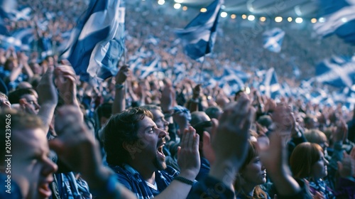 Closeup POV of Scotland fans waving flags and clapping rhythmically in unison creating an electrifying energy inside the crowded tournament stadium.