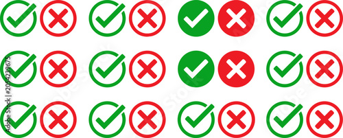Quadro su tela Green check mark and red X icon grid with circular and solid styles for correctn
