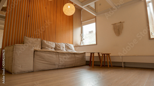 Photos Modern living room with wooden wall paneling and comfortable modular sofa