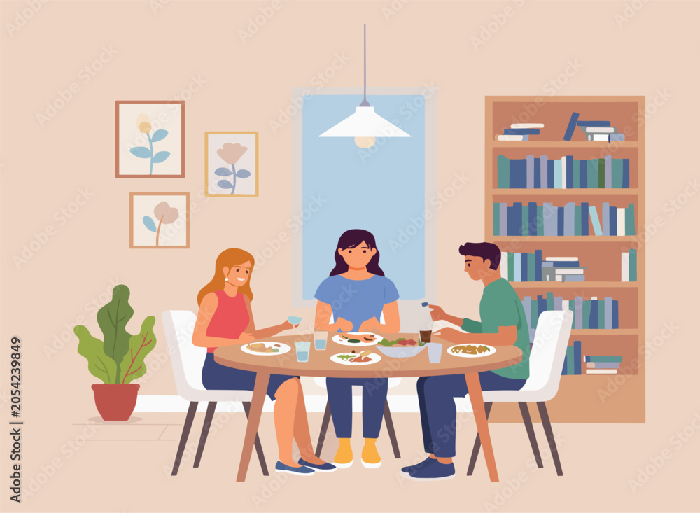 Fototapeta premium Family Dining Together at Home Enjoying Healthy Meal Conversation and Quality Time in Cozy Interior Vector Illustration
