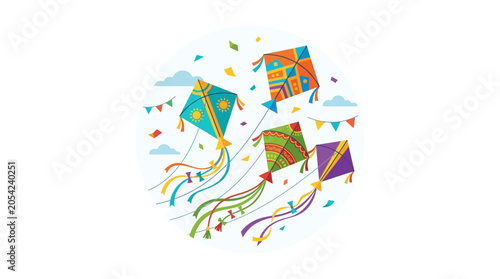 Fotografie Colorful kites flying in a clear sky with festive confetti and flags