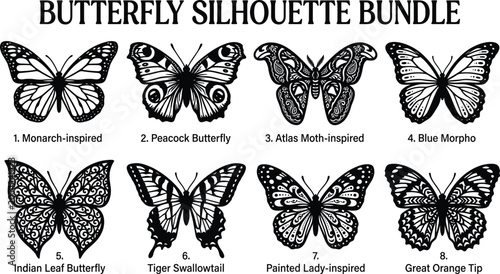 Fotografie Butterfly Silhouette Bundle Featuring Decorative Monarch Swallowtail Morpho and