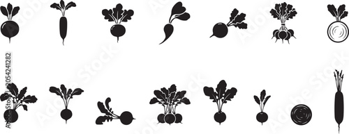 Photos Black Silhouette Icons Of Radishes With Leaves root vegetable