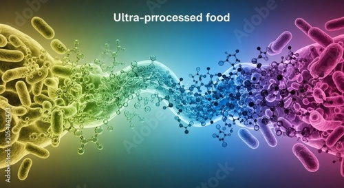 A vibrant illustration of ultra-processed food transforming into colorful bacteria and molecules