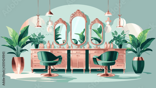 Elegant beauty salon interior with green plants and stylish decor