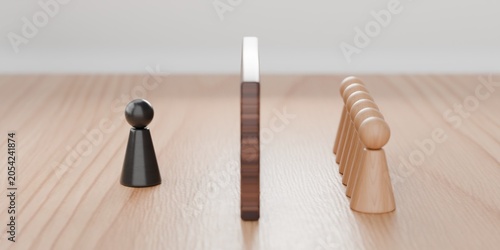 Obraz na płótnie dividing wall between 2 different coloured 3d pawn figurines, social division