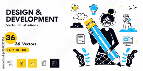 Photos Woman Holding Large Pencil Flat Vector Illustration For Design Development