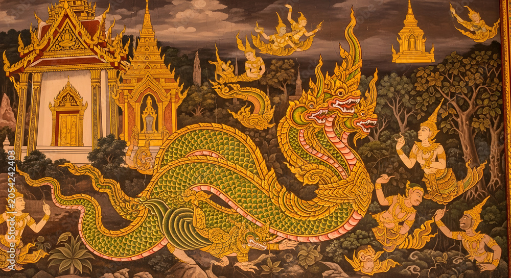 Obraz premium VibrantTraditionalDragonMuralWithMythicalFiguresAndTemples