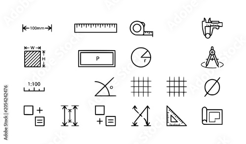 Pixel perfect dimension and area measurement stroke icon collection vector illustration