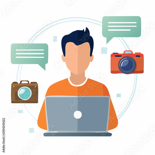 Person using laptop with cameras and chat bubbles