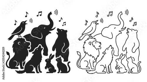 Canvastavla Animal Group Silhouette With Musical Notes Black And White Vector Illustration