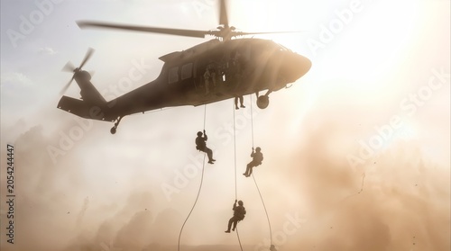 Troops fast-roping from transport helicopter during tactical insertion in dusty environment. Special forces soldiers descending from aircraft in hazy conditions of Middle East.