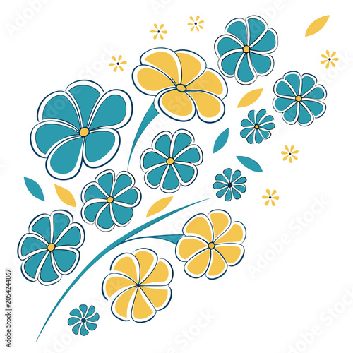 Abstract floral branch illustration with yellow blue flowers.