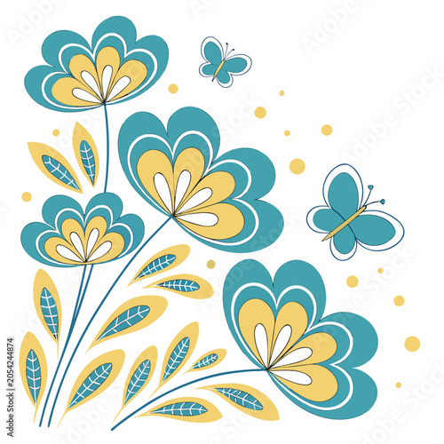 Spring floral arrangement with blue flowers and butterflies.