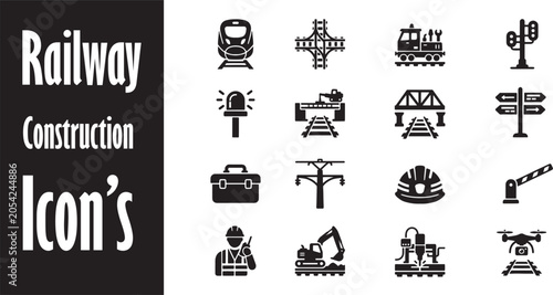 Railway construction icons set black and white silhouettes depicting transport and engineering