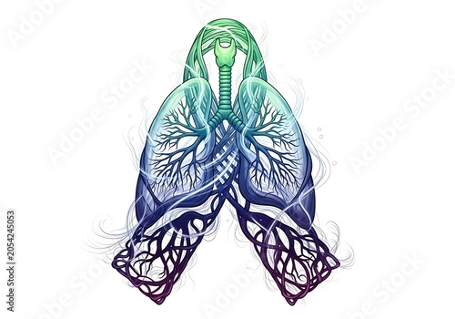 Artistic of human lungs with intricate bronchial tree and flowing lines on white surface 