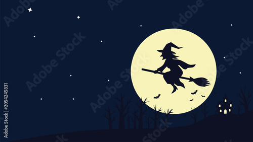 Konstfotografi Witch flying on broomstick at night.