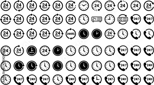 Bild auf Leinwand Time and clock icon set vector minimalist line illustrations for 24 hours service non-stop support customer care helpline calling time management scheduling deadlines and digital interface elements