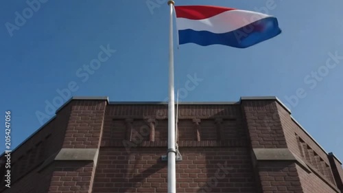 Flag of the netherlands waving against a clear blue sky above a brick building
