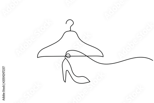 Clothes hanger and high heel shoe single line art