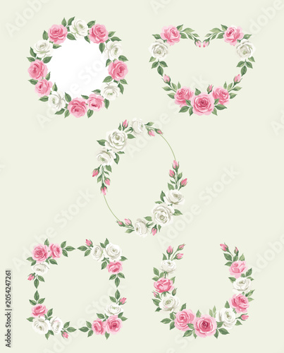Set of rose flower watercolor frame wreath design pink and white bouquet flower design vector.