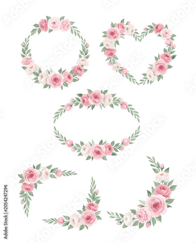 Set of rose flower watercolor frame wreath design pink and white bouquet flower design vector.
