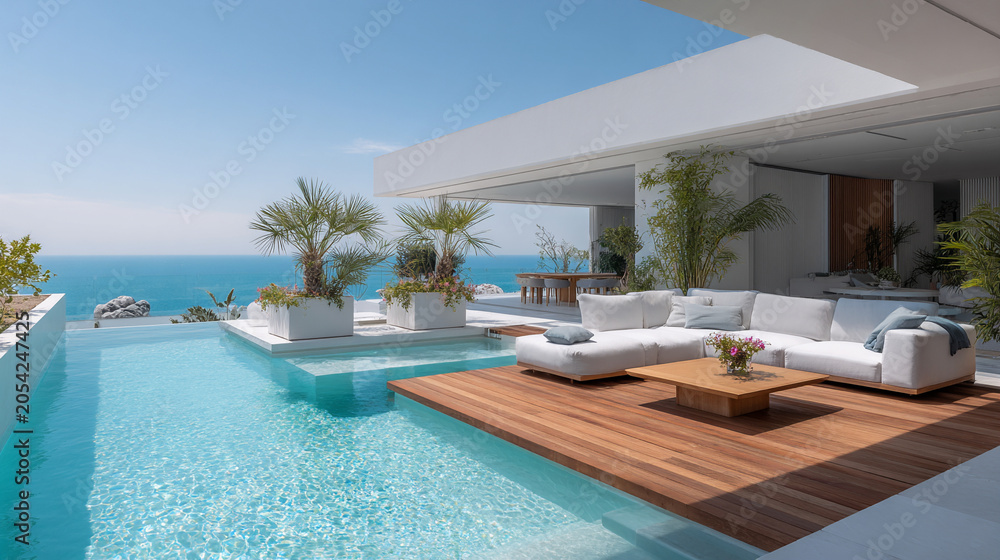 Fototapeta premium Luxury modern villa terrace with infinity pool overlooking the ocean