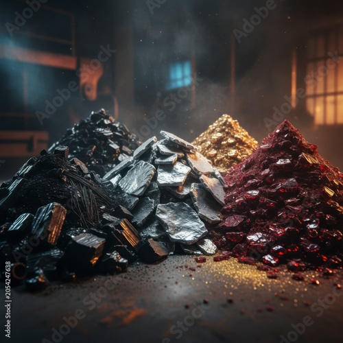 Piles of Black, Silver, Gold, and Red Minerals in Industrial Warehouse Setting with Dramatic Lighting