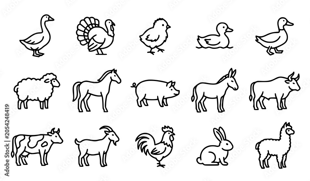 Fototapeta premium Farm Livestock Line Art Vector Icon Set with Poultry and Domestic Animals